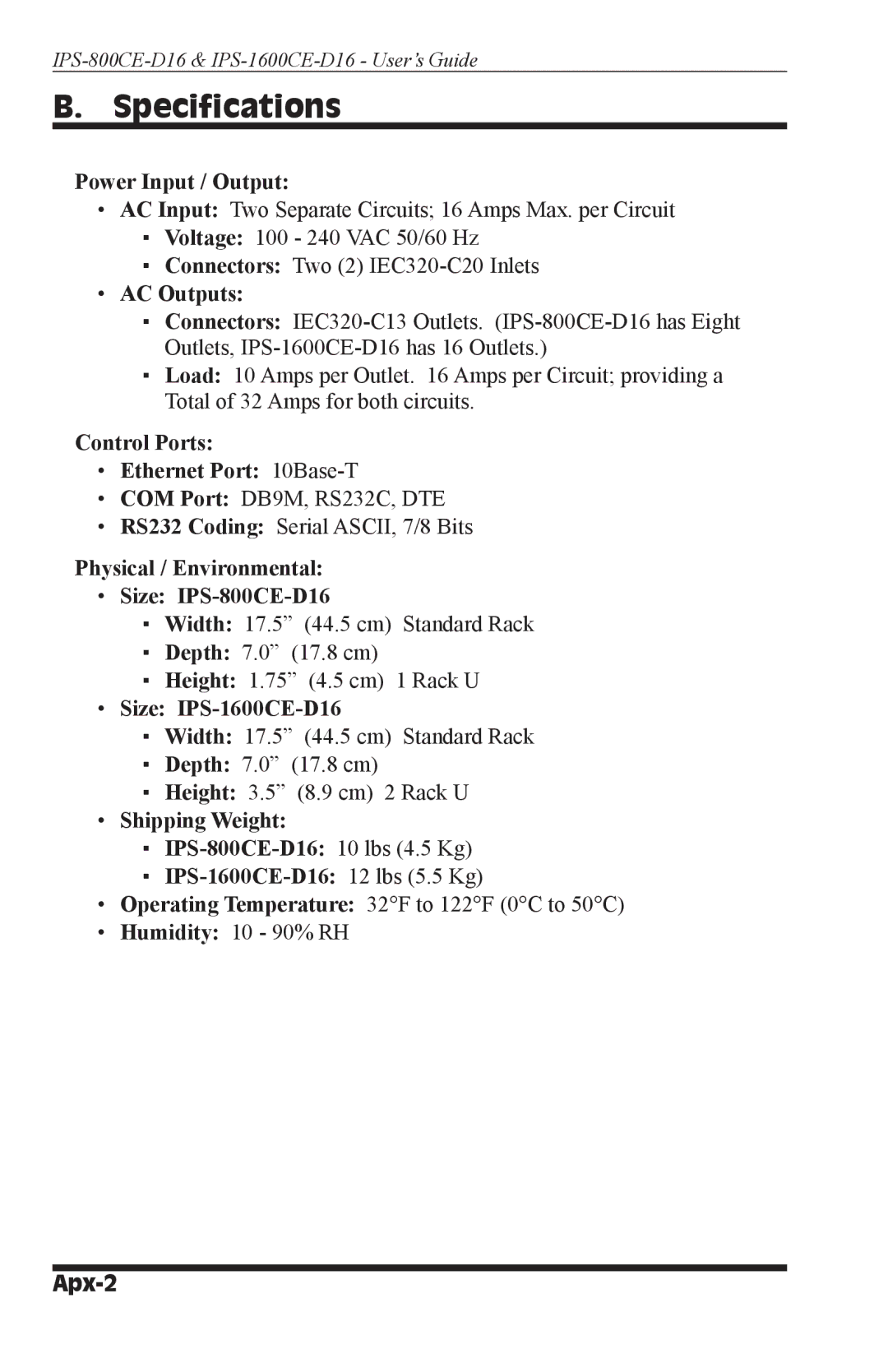 Western Telematic IPS-800CE-D16, IPS-1600CE-D16 manual Specifications, Apx-2 