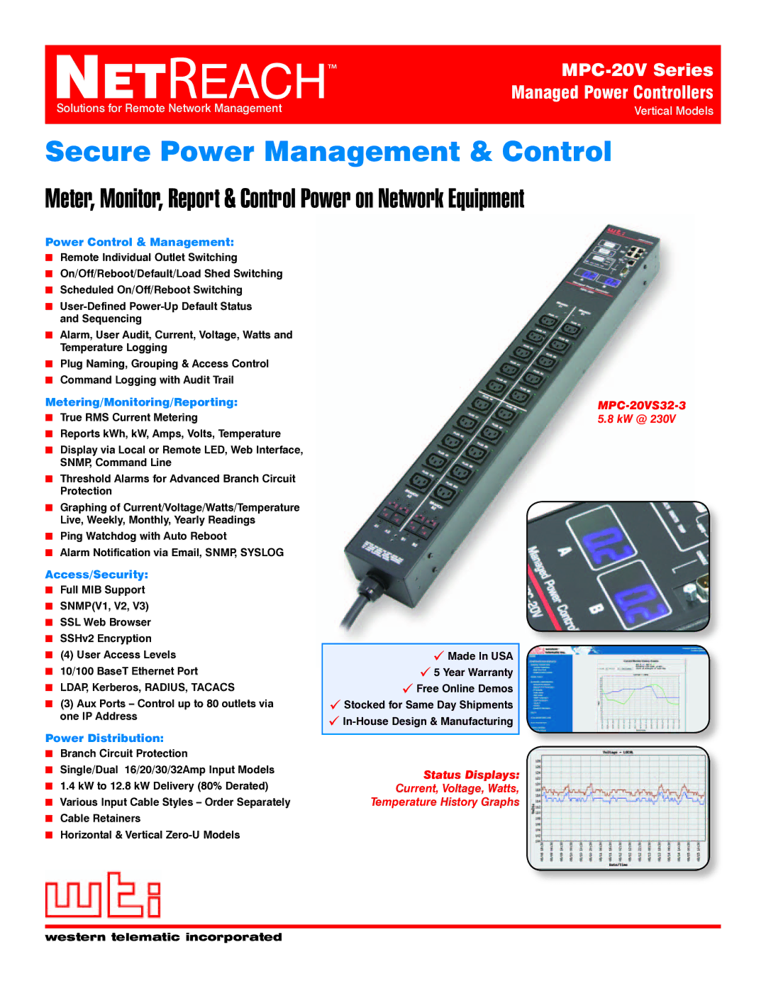 Western Telematic MPC-20V Series warranty Power Control & Management, Metering/Monitoring/Reporting, Access/Security 