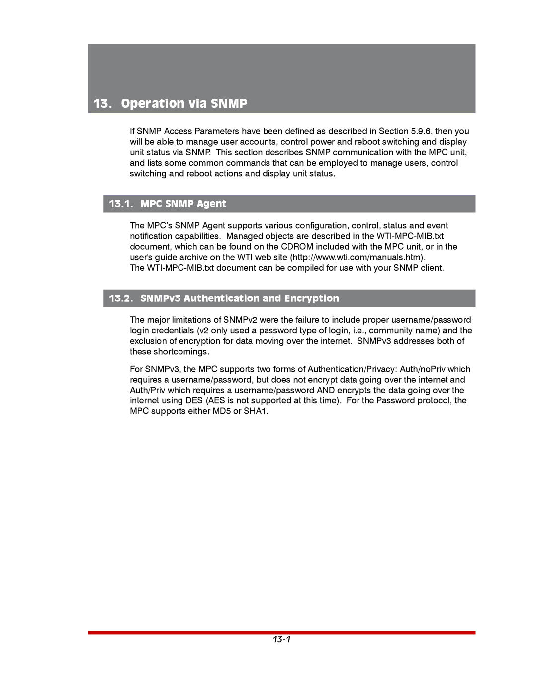 Western Telematic MPC-20V-1 MPC-8H-2, MPC-8H-1 Operation via Snmp, MPC Snmp Agent, SNMPv3 Authentication and Encryption 