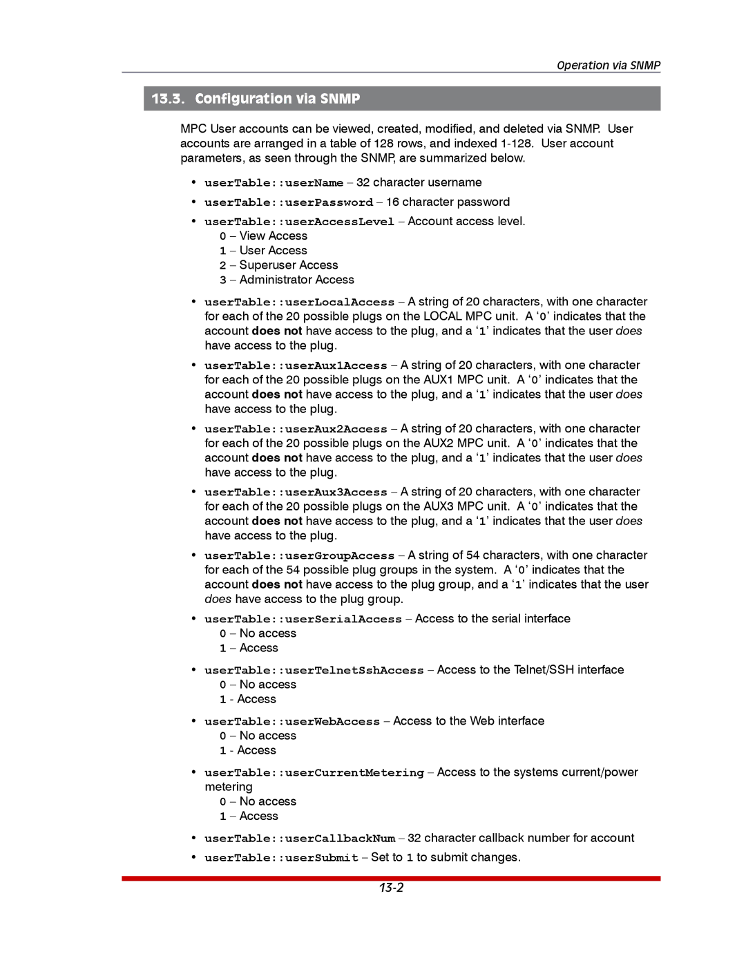 Western Telematic MPC-20VD16-3, MPC-8H-1 Configuration via Snmp, UserTableuserAccessLevel Account access level View Access 