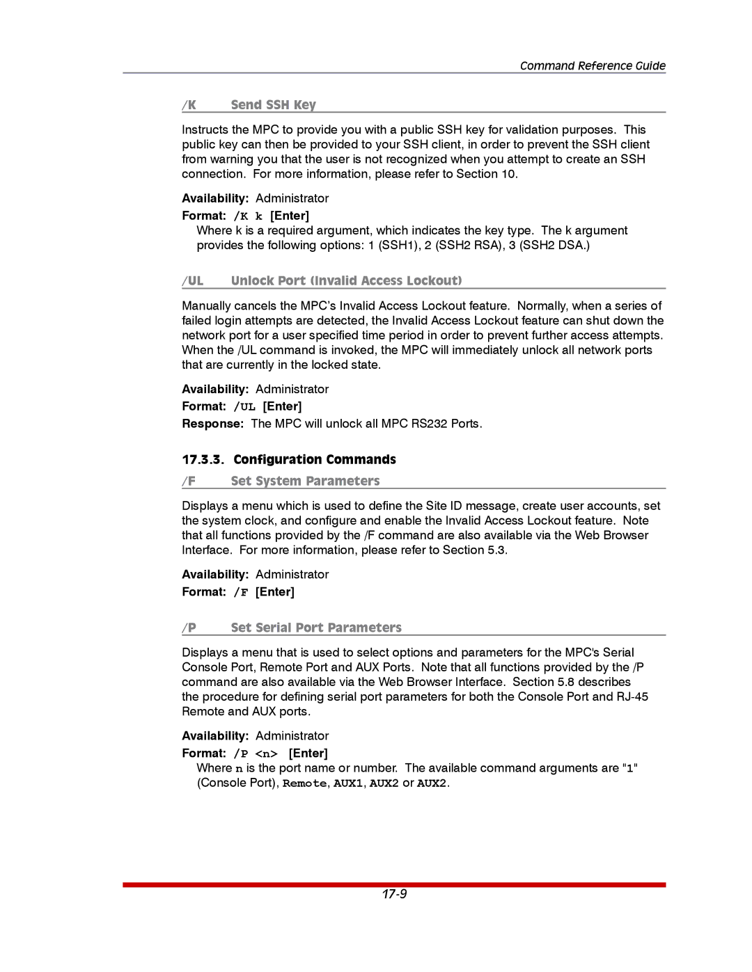 Western Telematic MPC-20VS20-2 Availability Administrator Format /K k Enter, Availability Administrator Format /UL Enter 