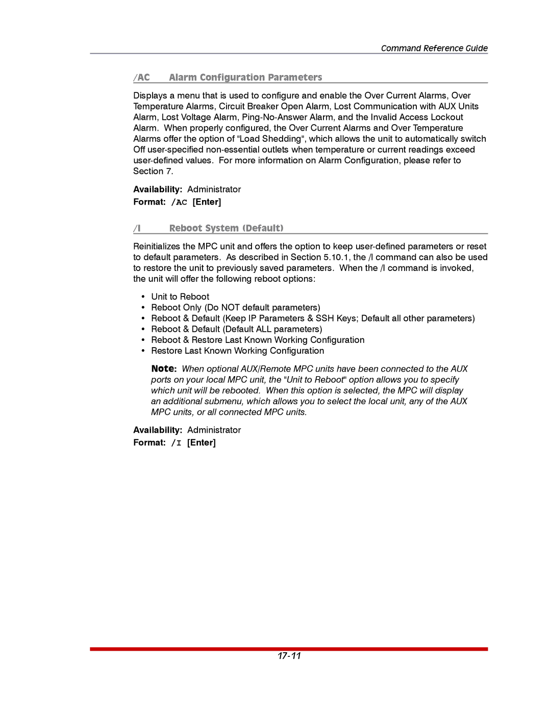 Western Telematic MPC-20VD16-3 Availability Administrator Format /AC Enter, Availability Administrator Format /I Enter 