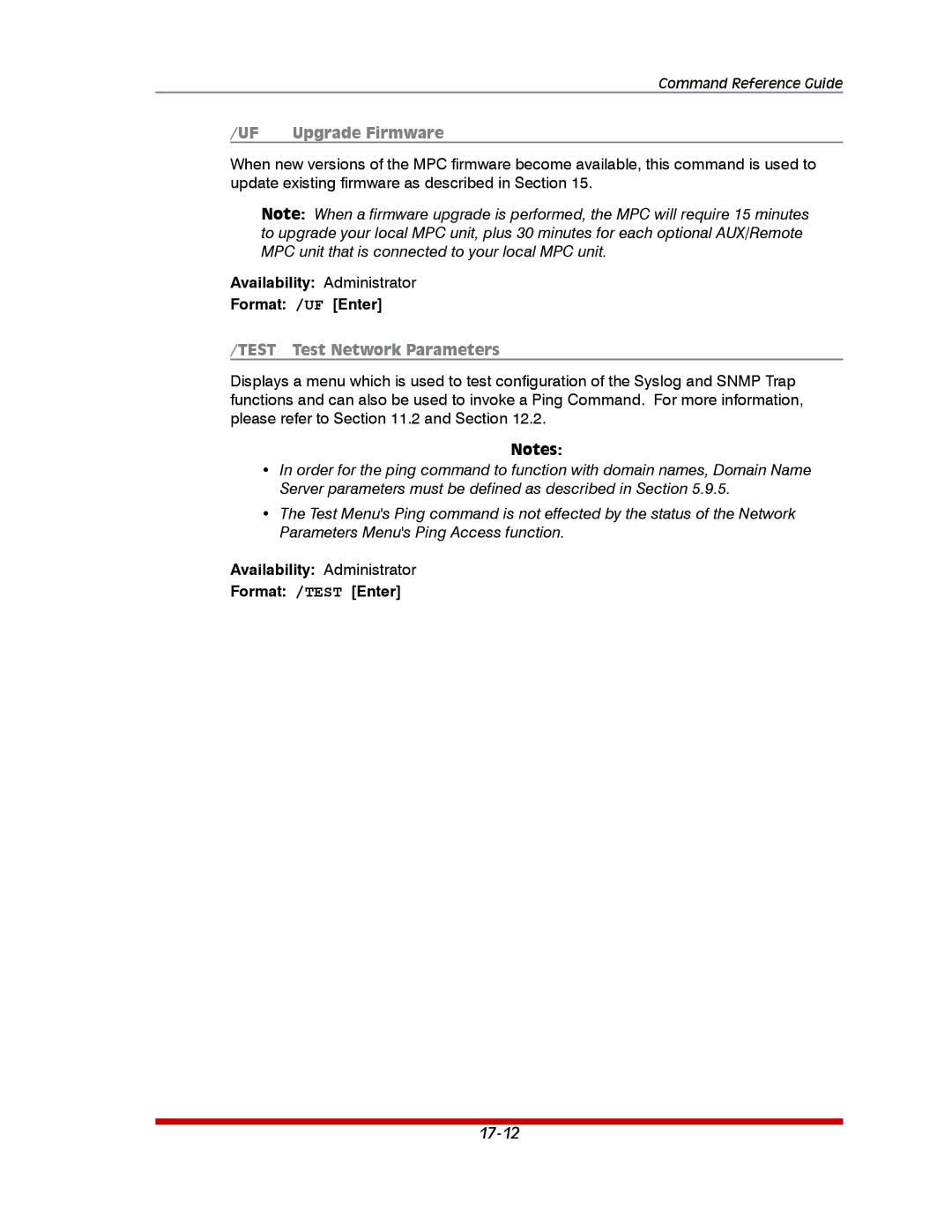 Western Telematic MPC-20VS16-3 Availability Administrator Format /UF Enter, Availability Administrator Format /TEST Enter 