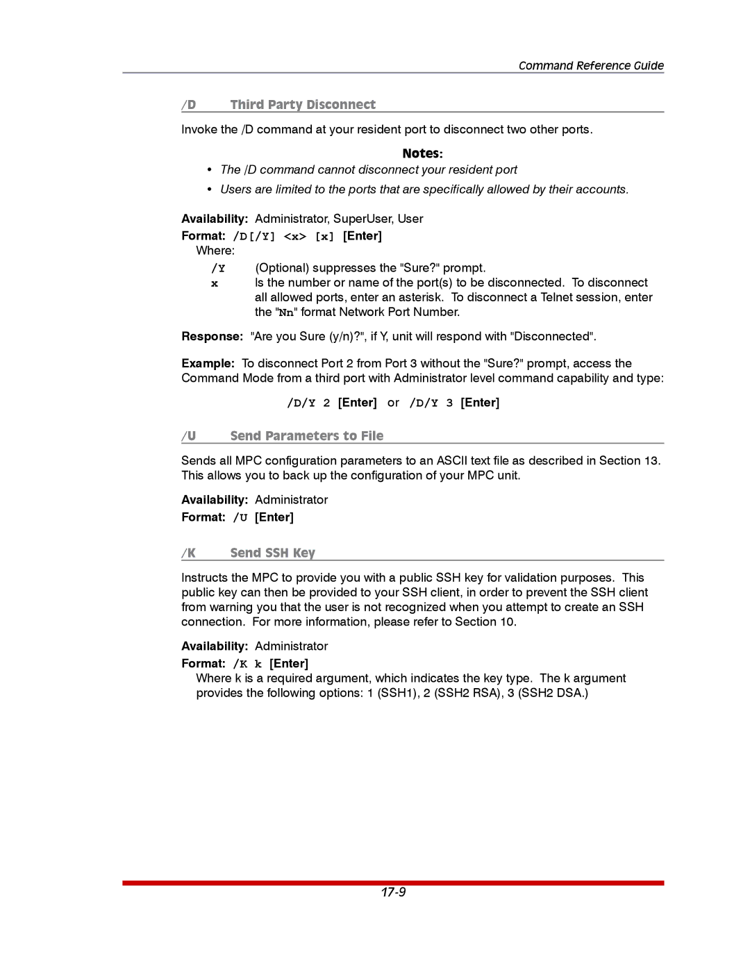 Western Telematic MPC-20V-1 manual Format /D/Y x x Enter, Enter or /D/Y 3 Enter, Availability Administrator Format /U Enter 