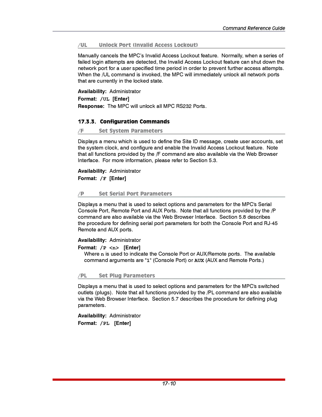 Western Telematic MPC-20VS32-3, MPC-20VD20-2, MPC-8H-1 Availability Administrator Format /UL Enter, Configuration Commands 