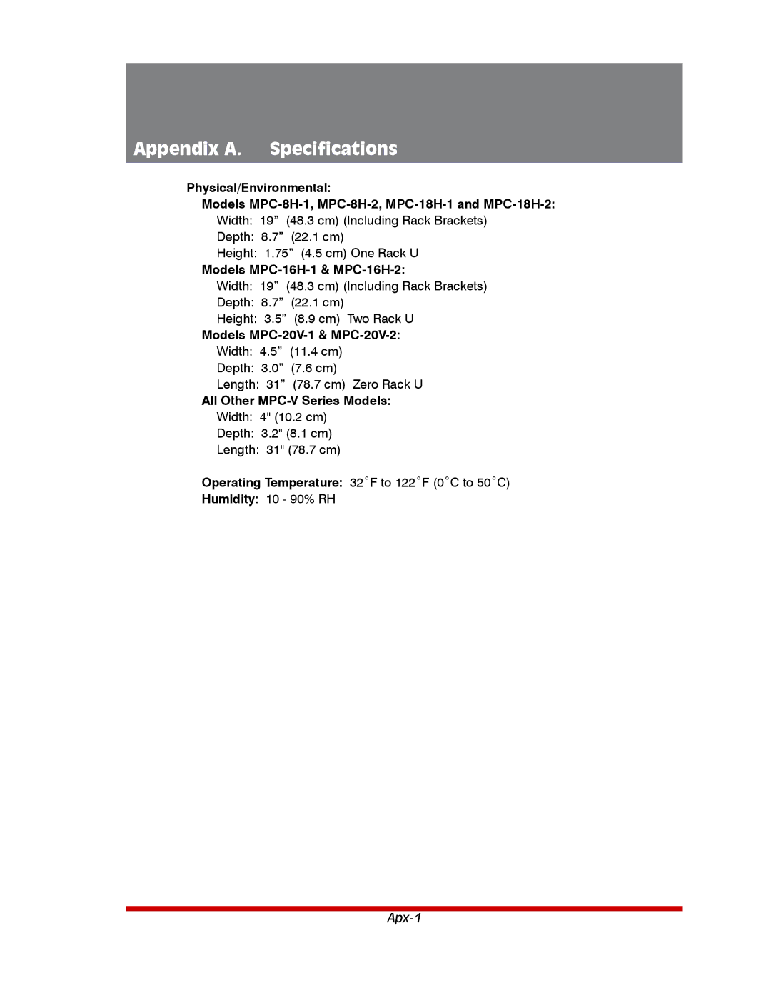 Western Telematic MPC-20VD16-3 Appendix A. Specifications, Models MPC-16H-1 & MPC-16H-2, Models MPC-20V-1 & MPC-20V-2 