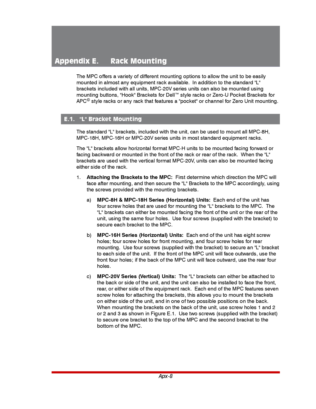 Western Telematic MPC-20VD20-2, MPC-20VS20-2, MPC-20VD16-3, MPC-20VS16-3 manual Appendix E. Rack Mounting, Bracket Mounting 