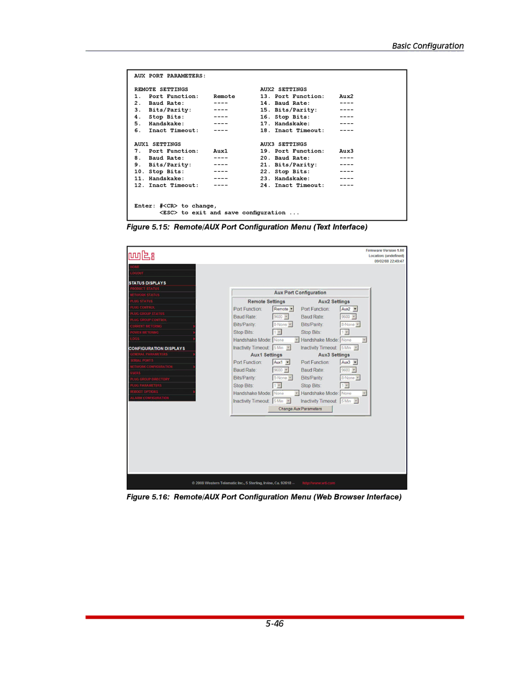 Western Telematic MPC-20VS20-2, MPC-20VD20-2, MPC-20VD16-3, MPC-20VS16-3 Remote/AUX Port Configuration Menu Text Interface 