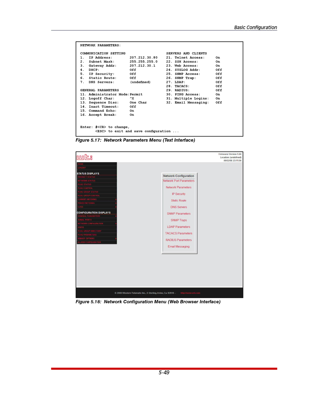 Western Telematic MPC-8H-1, MPC-20VD20-2, MPC-20VS20-2, MPC-20VD16-3, MPC-20VS16-3 Network Parameters Menu Text Interface 