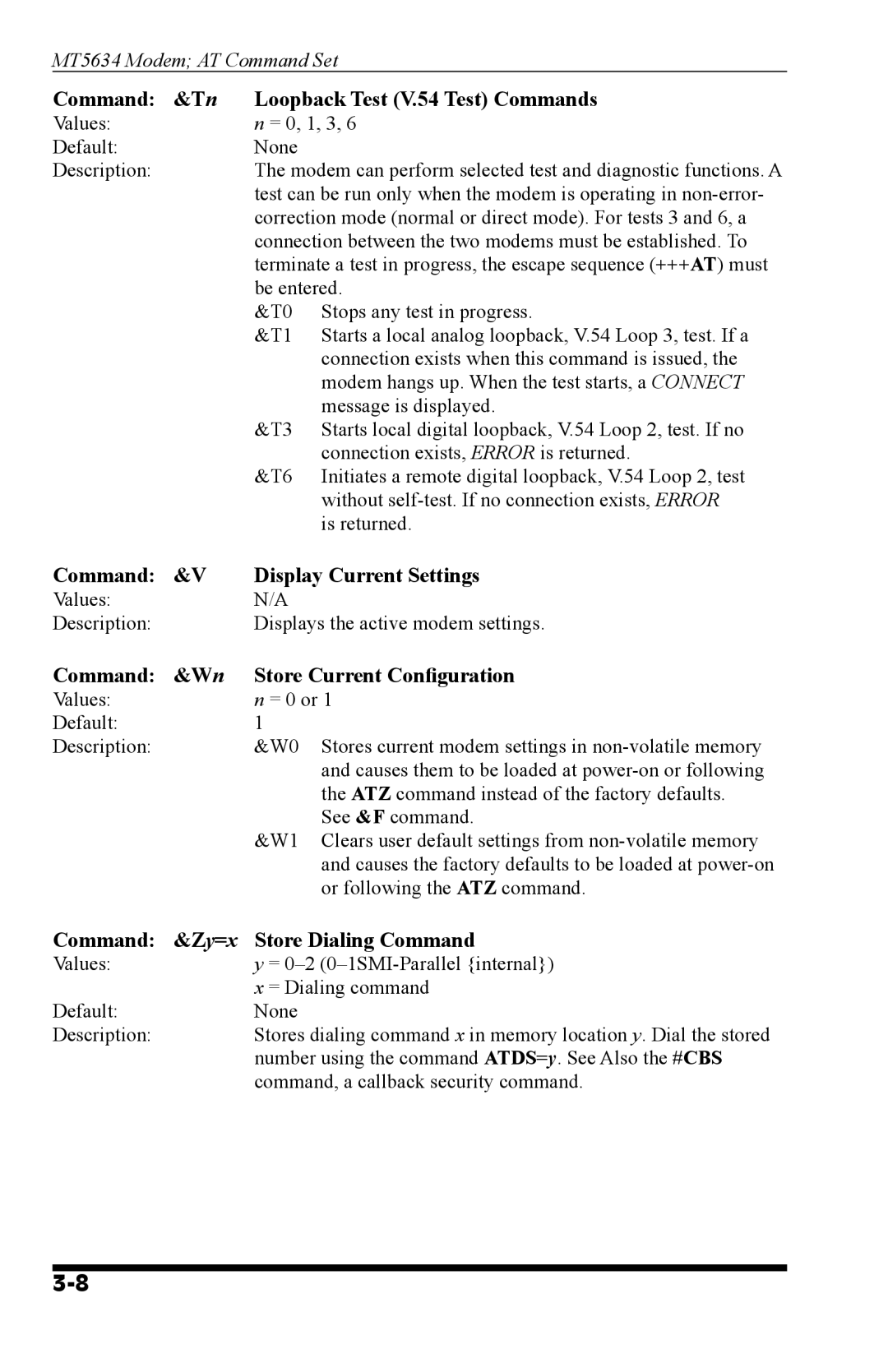 Western Telematic MT5634 manual Command &Tn Loopback Test V.54 Test Commands, Command &V Display Current Settings 