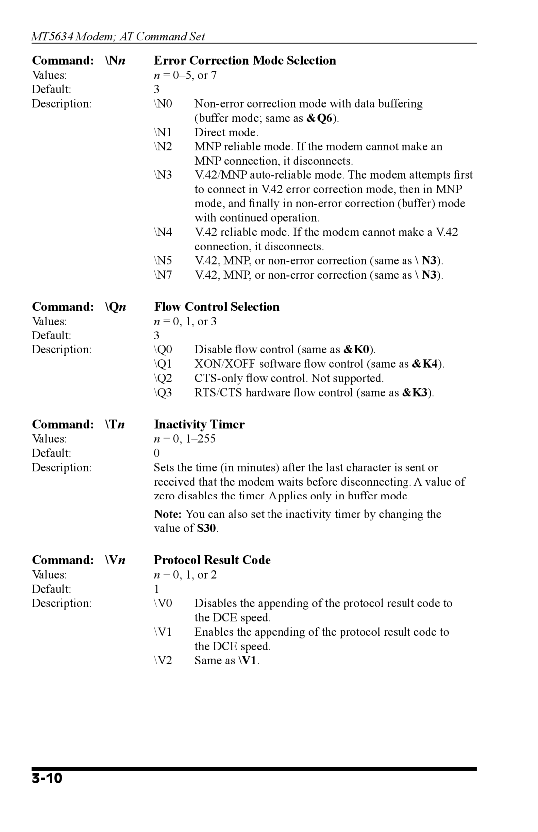 Western Telematic MT5634 manual Command \Nn Error Correction Mode Selection, Command \Qn Flow Control Selection 