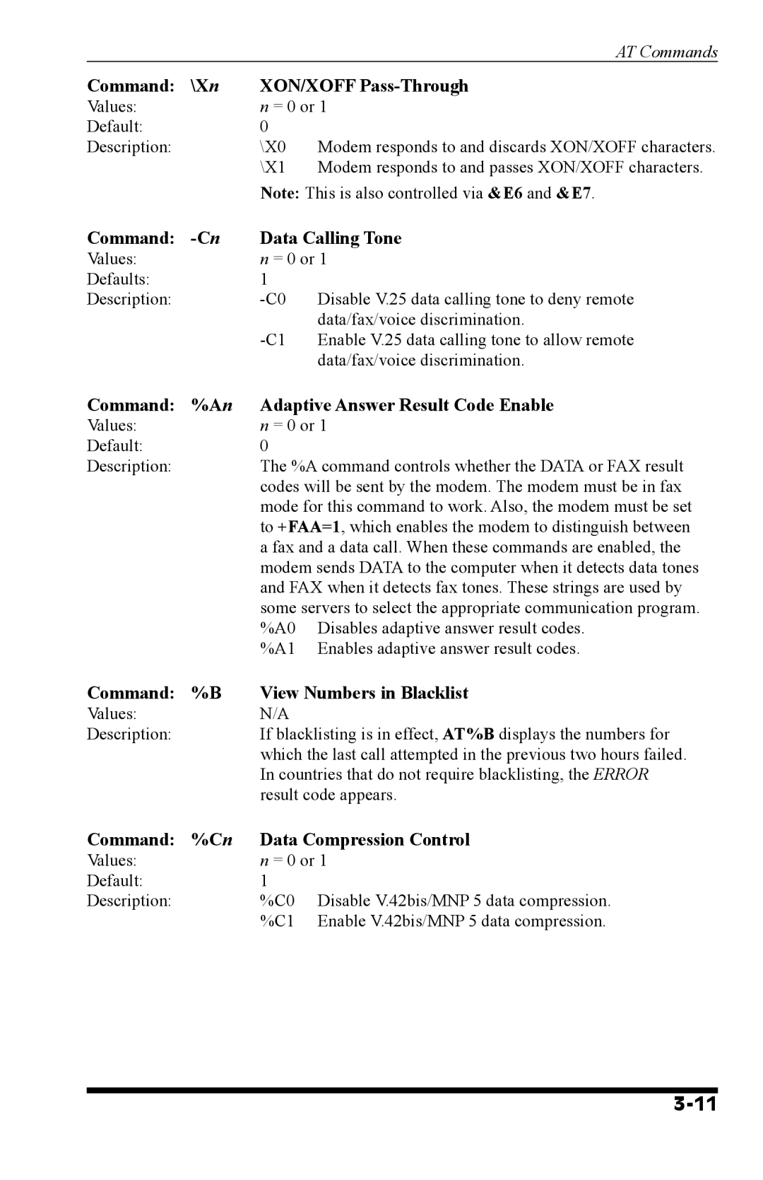 Western Telematic MT5634 Command \Xn XON/XOFF Pass-Through, Command Data Calling Tone, Command View Numbers in Blacklist 