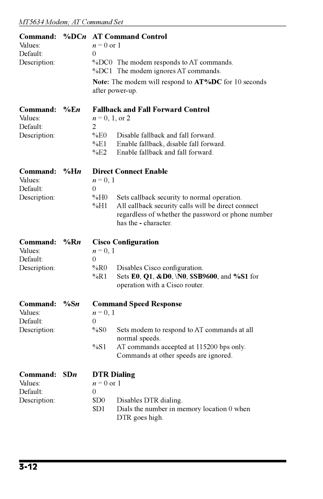 Western Telematic MT5634 manual Command %DCn AT Command Control, Command Fallback and Fall Forward Control 