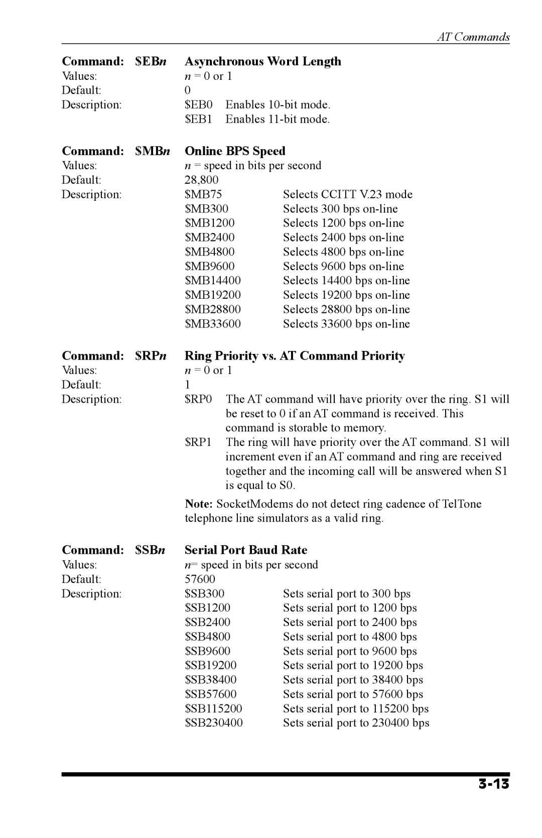 Western Telematic MT5634 manual Command $EB n Asynchronous Word Length, Command $MB n Online BPS Speed 