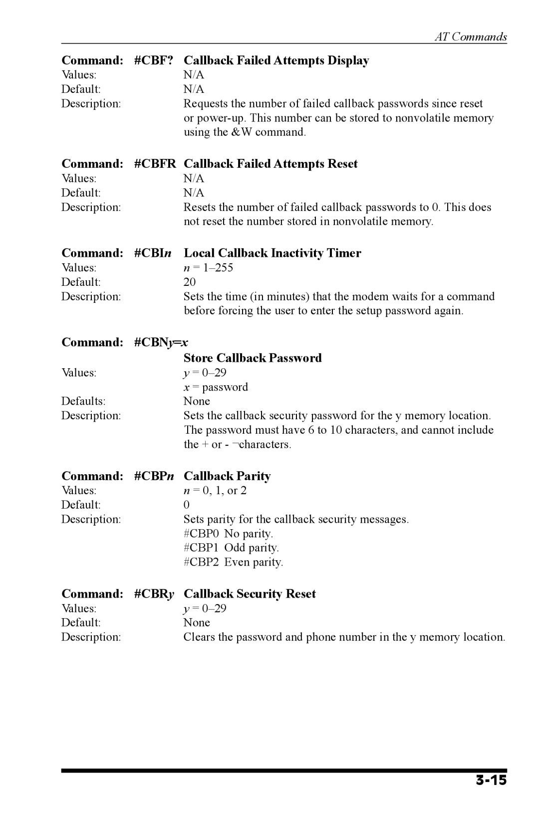 Western Telematic MT5634 Command #CBF? Callback Failed Attempts Display, Command #CBFR Callback Failed Attempts Reset 