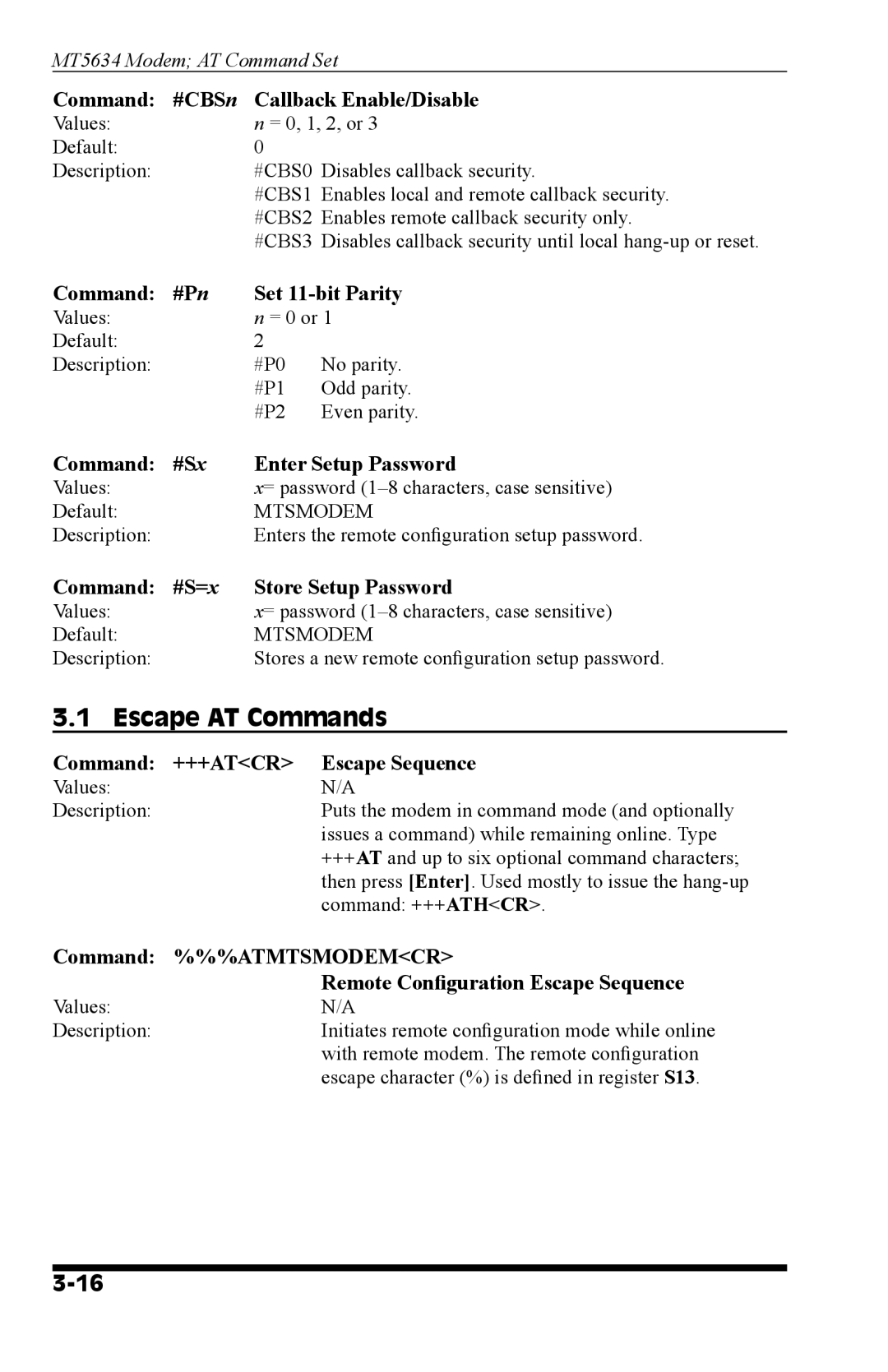 Western Telematic MT5634 Command #CBSn Callback Enable/Disable, Command #Pn Set 11-bit Parity, Command %%%ATMTSMODEMCR 