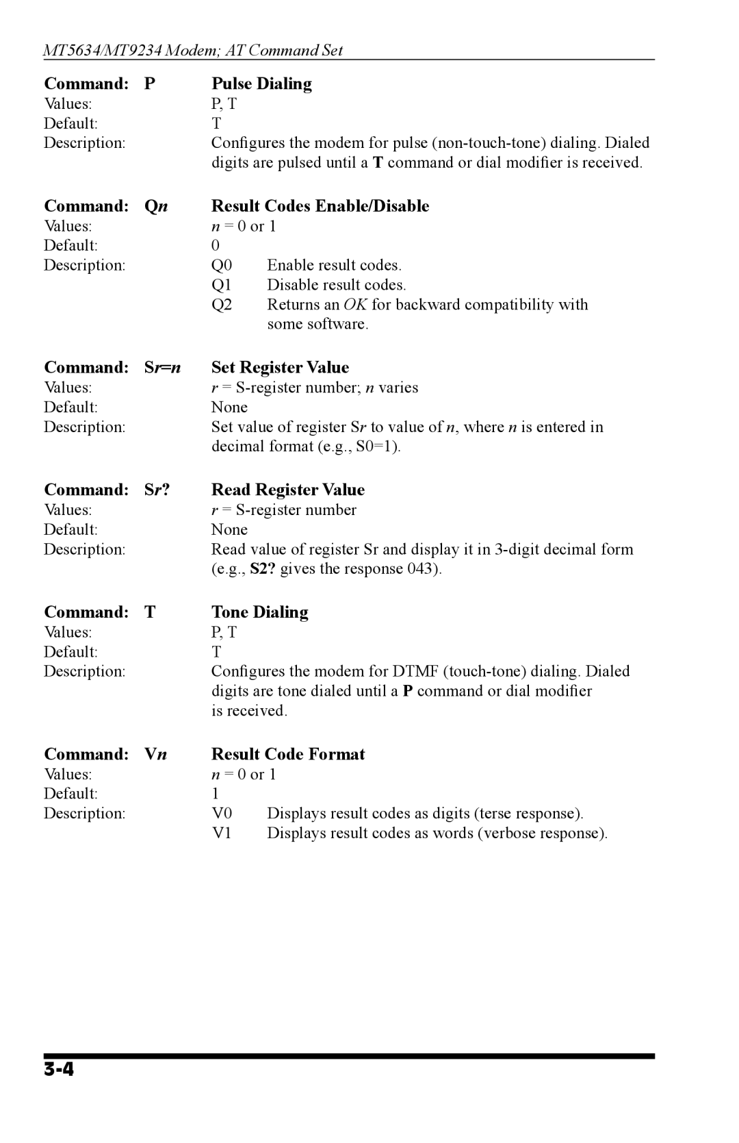 Western Telematic MT9234 Command P Pulse Dialing, Command Qn Result Codes Enable/Disable, Command Sr=n Set Register Value 