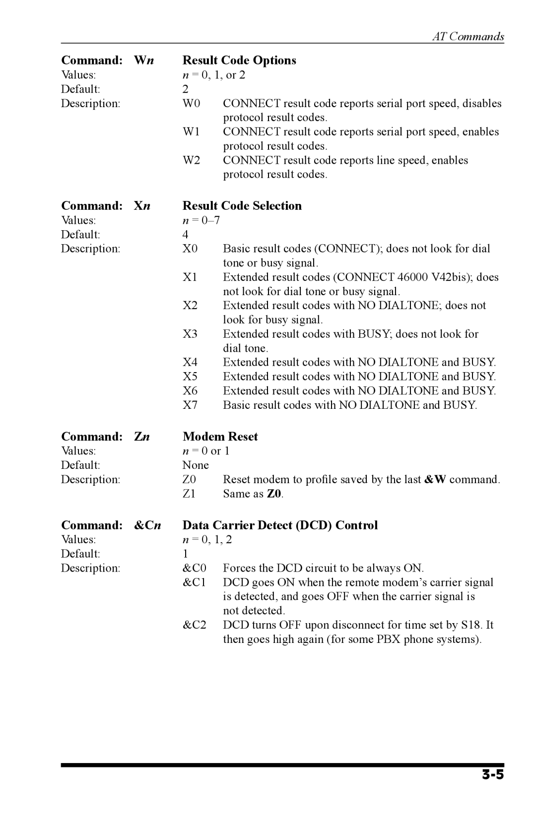 Western Telematic MT5634, MT9234 manual Command Result Code Options, Command Result Code Selection, Command Zn Modem Reset 