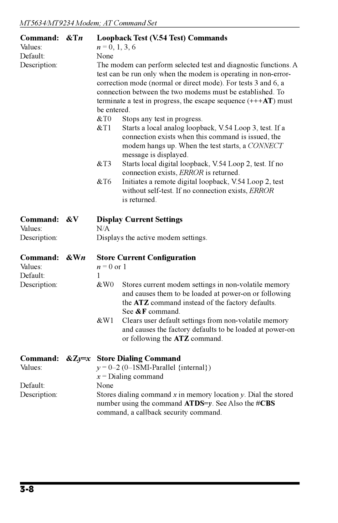 Western Telematic MT9234, MT5634 manual Command &Tn Loopback Test V.54 Test Commands, Command &V Display Current Settings 