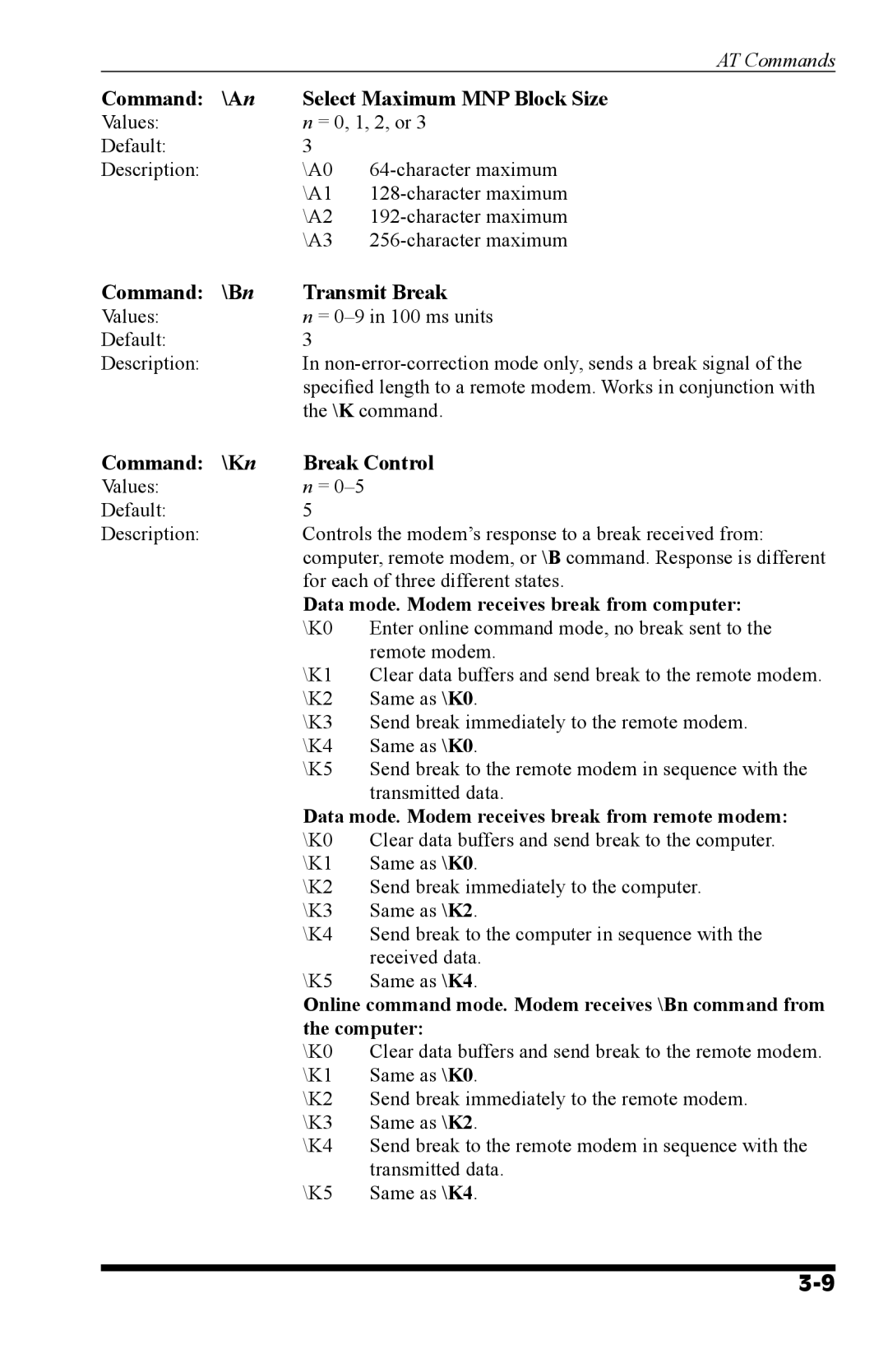 Western Telematic MT5634, MT9234 manual Command \A n, Command \B n Transmit Break, Command \K n Break Control 