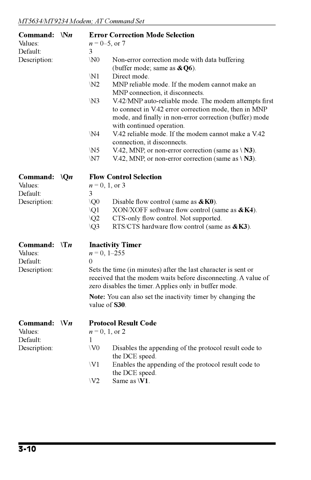 Western Telematic MT9234, MT5634 manual Command \Nn Error Correction Mode Selection, Command \Qn Flow Control Selection 