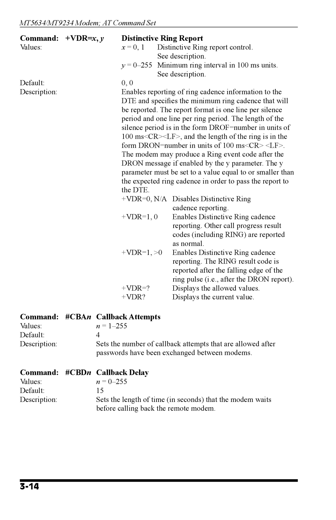 Western Telematic MT9234, MT5634 manual Command +VDR=x, y Distinctive Ring Report, Command #CBAn Callback Attempts 