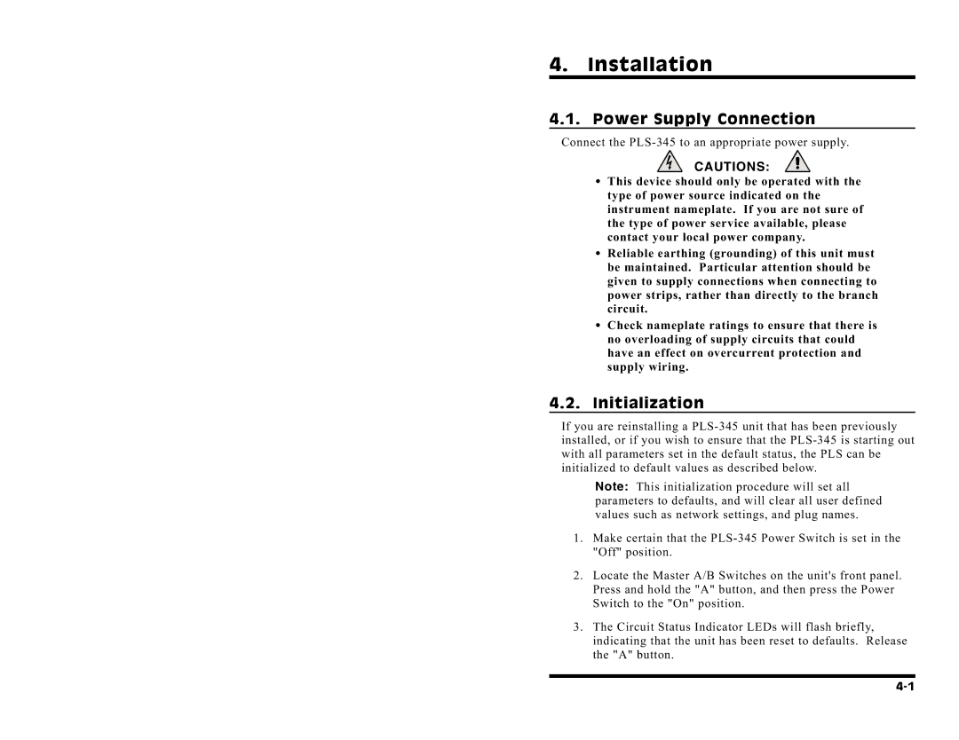 Western Telematic PLS-345 manual Installation, Power Supply Connection, Initialization 