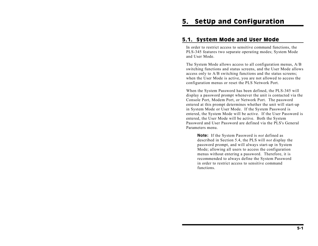 Western Telematic PLS-345 manual SetUp and Configuration, System Mode and User Mode 