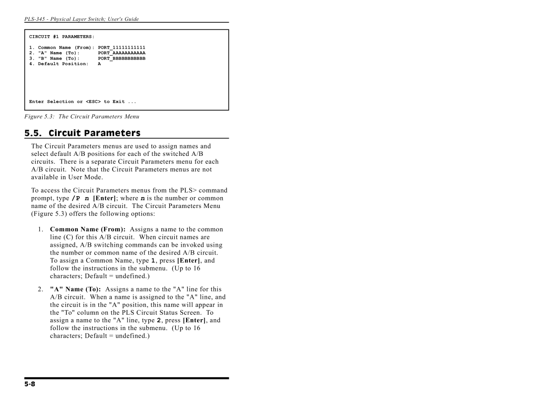 Western Telematic PLS-345 manual Circuit Parameters Menu 