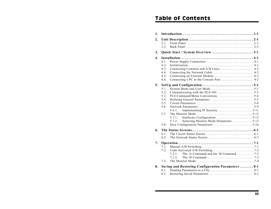 Western Telematic PLS-345 manual Table of Contents 