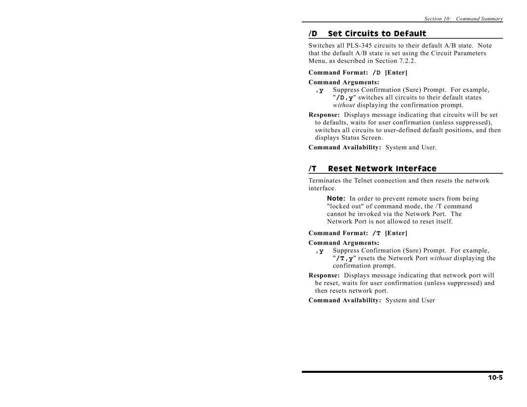 Western Telematic PLS-345 Set Circuits to Default, Reset Network Interface, Command Format /D Enter Command Arguments 