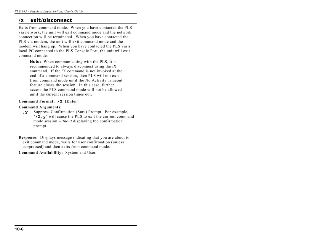 Western Telematic PLS-345 manual Exit/Disconnect, Command Format /X Enter Command Arguments 