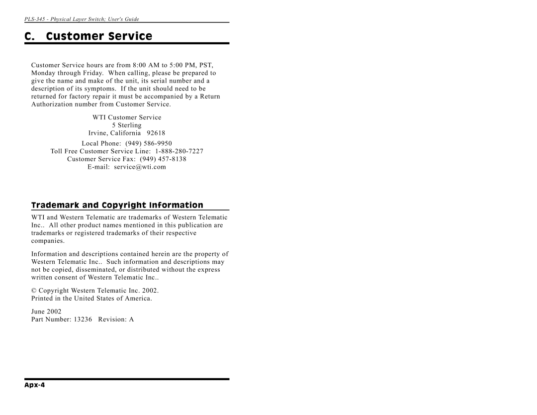 Western Telematic PLS-345 manual Customer Service, Trademark and Copyright Information 