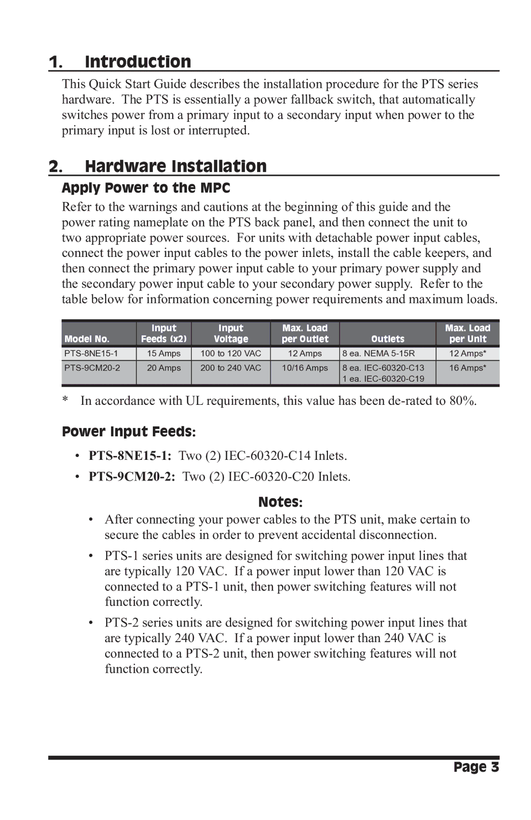 Western Telematic PTS-9CM20-2, PTS-8NE15-1 Introduction, Hardware Installation, Apply Power to the MPC, Power Input Feeds 