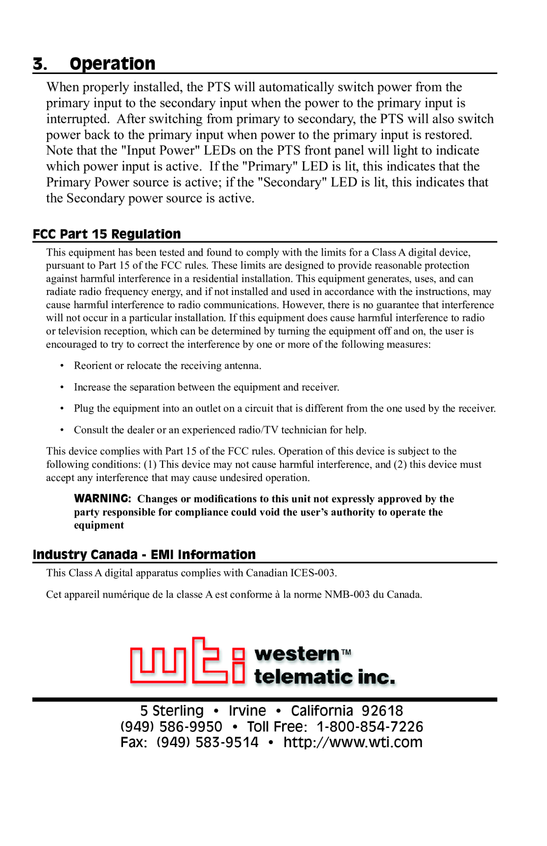 Western Telematic PTS-8NE15-1, PTS-9CM20-2 quick start Operation, FCC Part 15 Regulation, Industry Canada EMI Information 