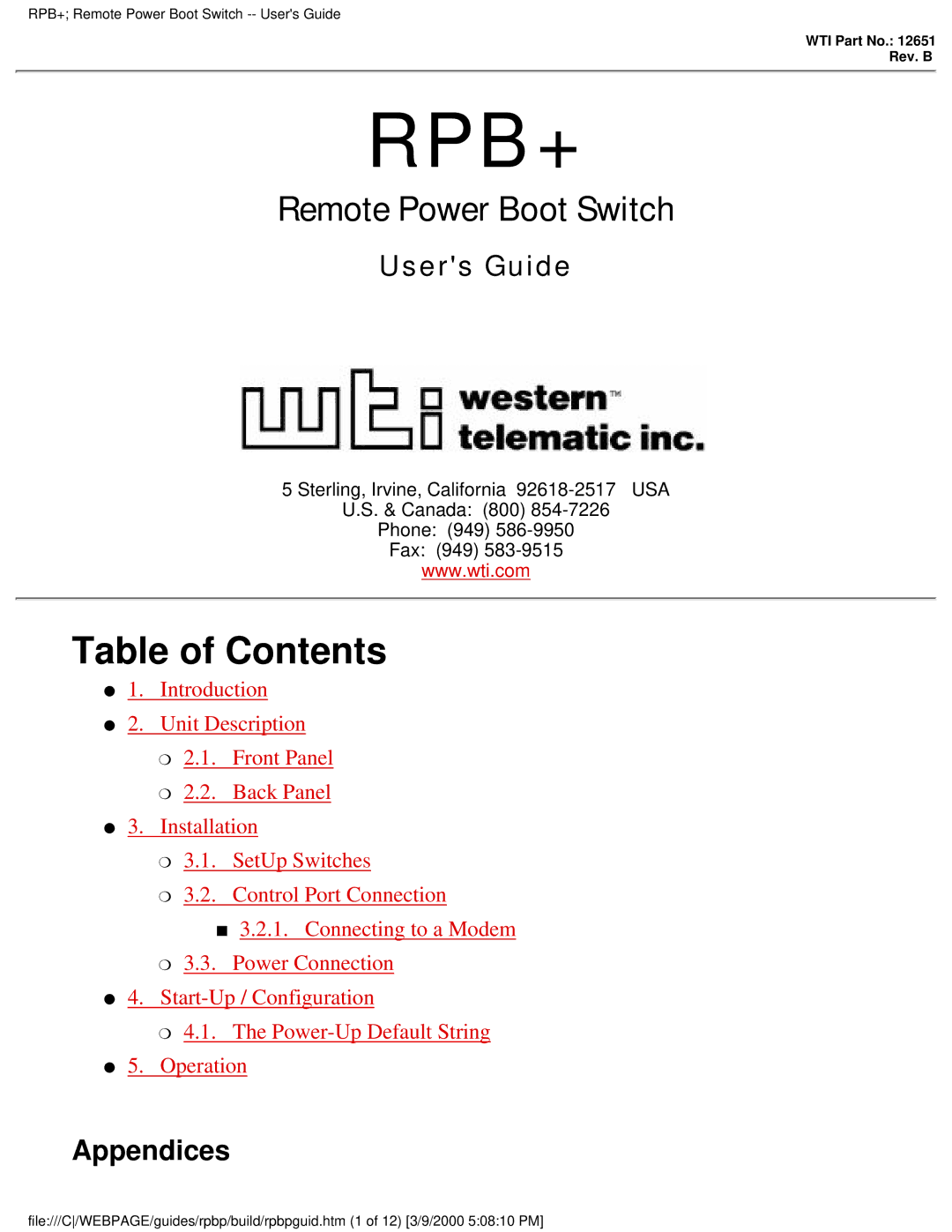 Western Telematic Remote Power Boot Switch manual Table of Contents 