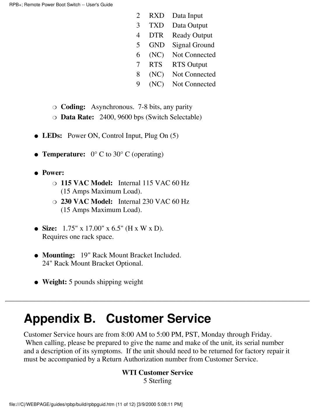 Western Telematic Remote Power Boot Switch manual Appendix B. Customer Service, WTI Customer Service 