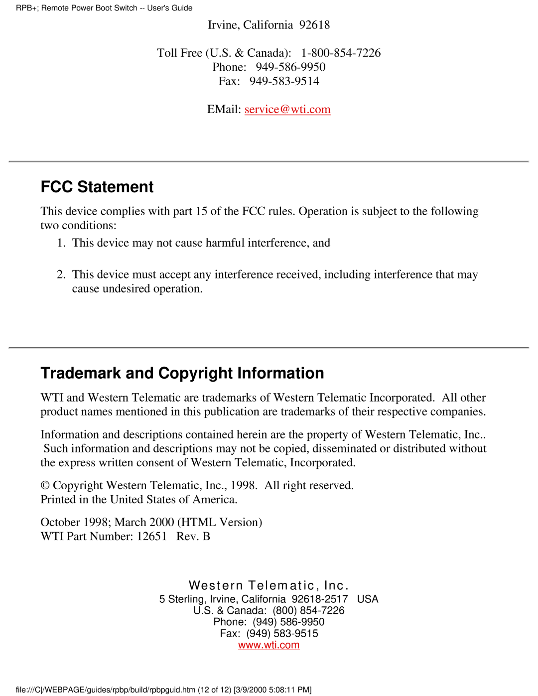 Western Telematic Remote Power Boot Switch FCC Statement, Trademark and Copyright Information, Western Telematic, Inc 