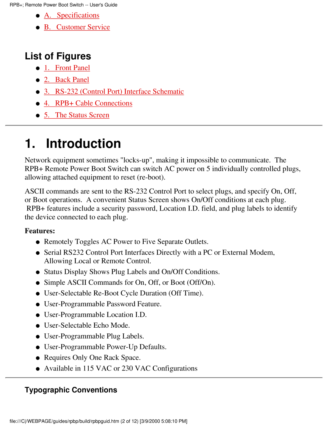 Western Telematic Remote Power Boot Switch manual Introduction, List of Figures, Features, Typographic Conventions 