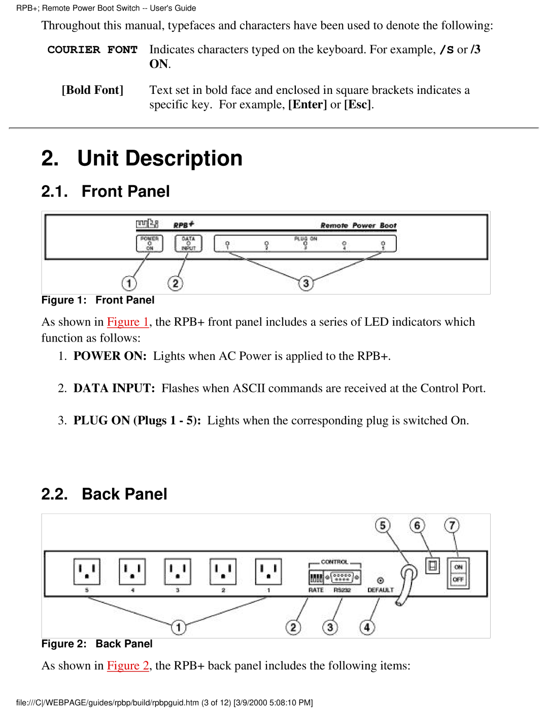 Western Telematic Remote Power Boot Switch manual Unit Description, Front Panel, Back Panel 