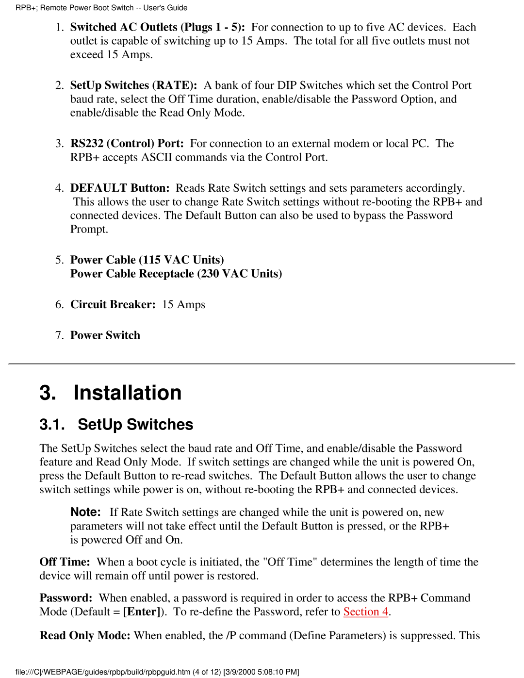 Western Telematic Remote Power Boot Switch manual Installation, SetUp Switches 