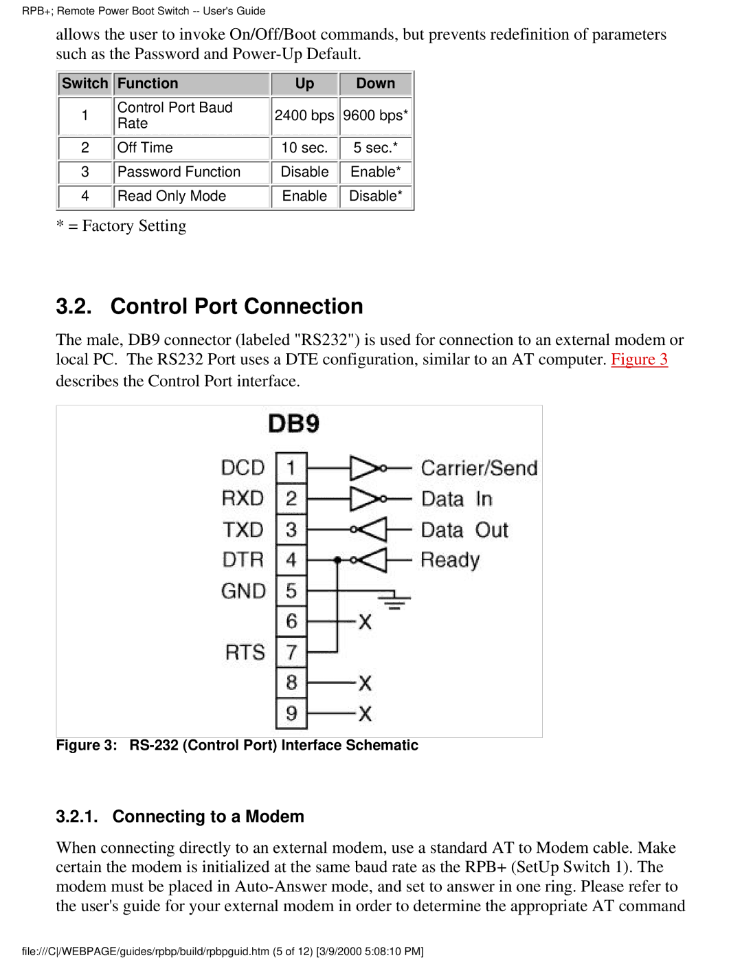 Western Telematic Remote Power Boot Switch manual Control Port Connection, = Factory Setting, Connecting to a Modem 