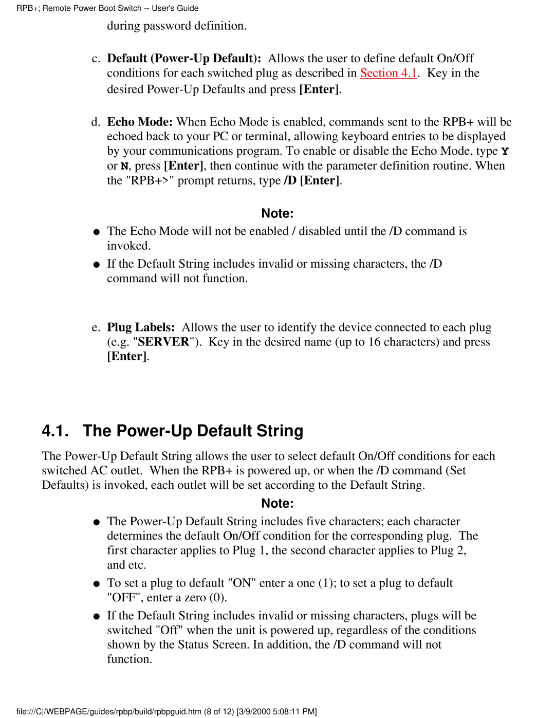 Western Telematic Remote Power Boot Switch manual Power-Up Default String 