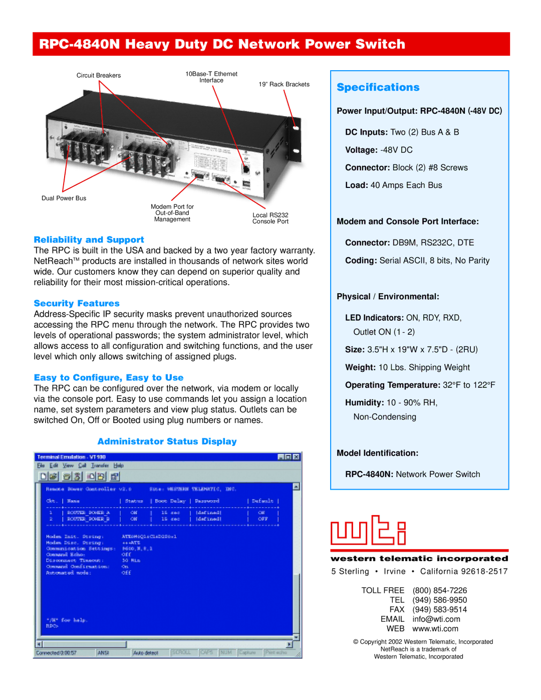 Western Telematic RPC-4840N Specifications, Reliability and Support, Security Features, Easy to Configure, Easy to Use 