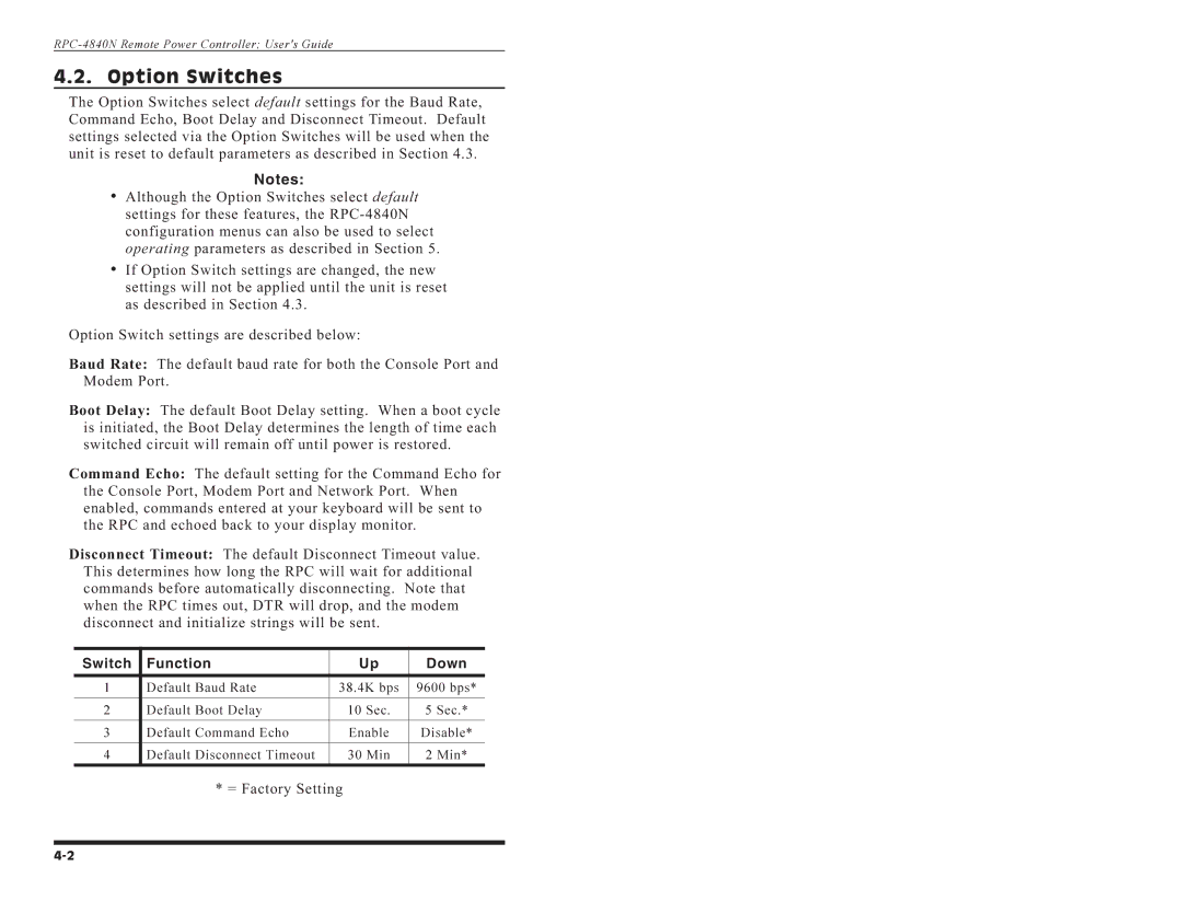 Western Telematic RPC-4840N manual Option Switches, Disconnect Timeout 