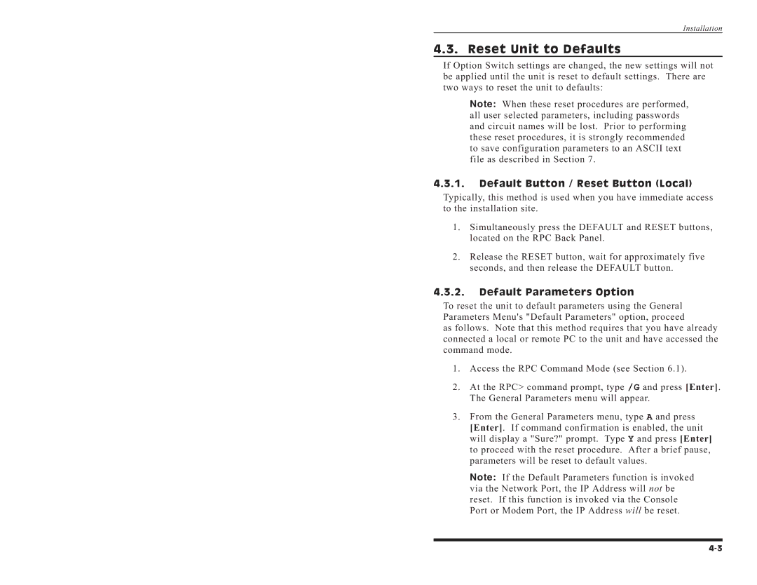 Western Telematic RPC-4840N manual Reset Unit to Defaults, Default Button / Reset Button Local, Default Parameters Option 