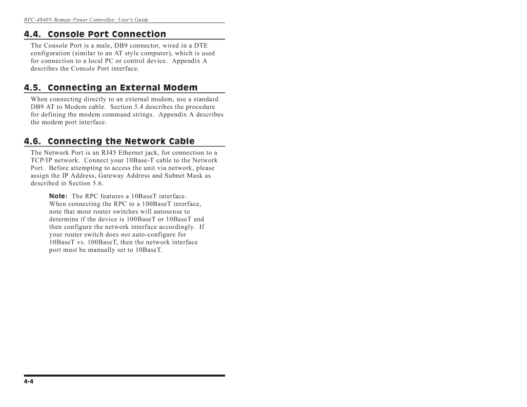 Western Telematic RPC-4840N manual Console Port Connection, Connecting an External Modem, Connecting the Network Cable 