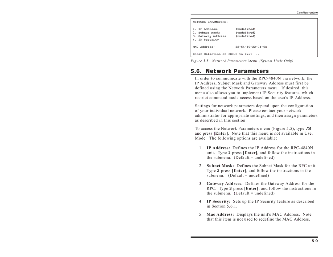 Western Telematic RPC-4840N manual Undefined, Network Parameters 