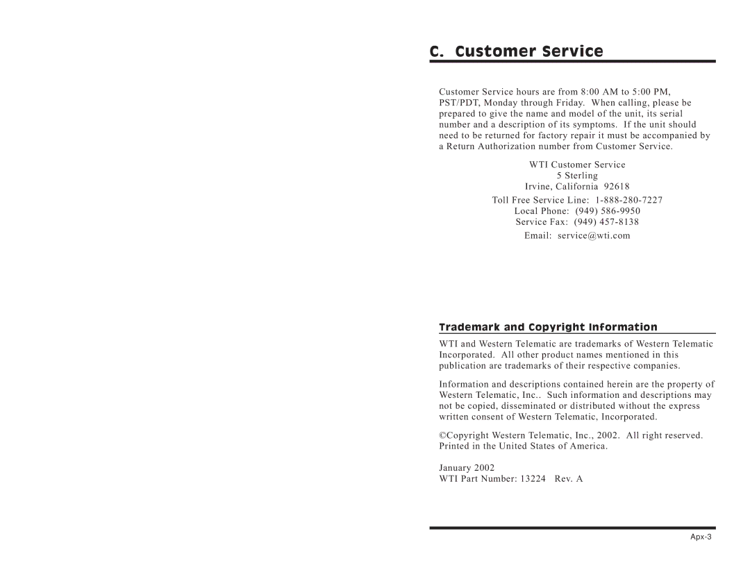 Western Telematic RPC-4840N manual Customer Service, Trademark and Copyright Information 