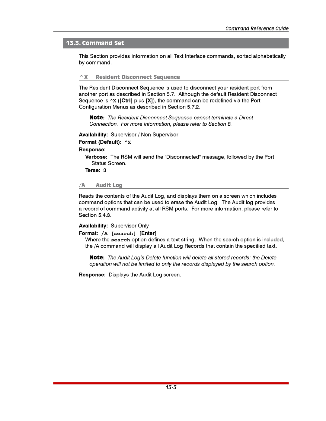 Western Telematic RSM-32DC, RSM-8, RSM-16DC manual Command Set, Resident Disconnect Sequence, Audit Log 